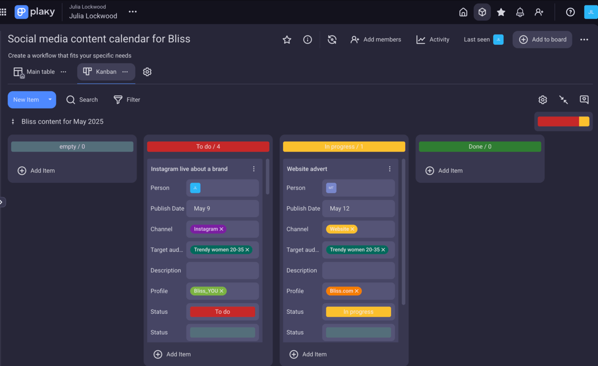 Kanban view of all tasks in your social media content calendar created in Plaky