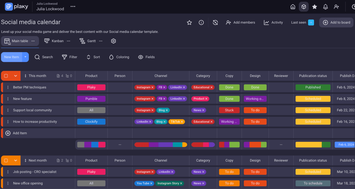 Plaky social media content calendar template