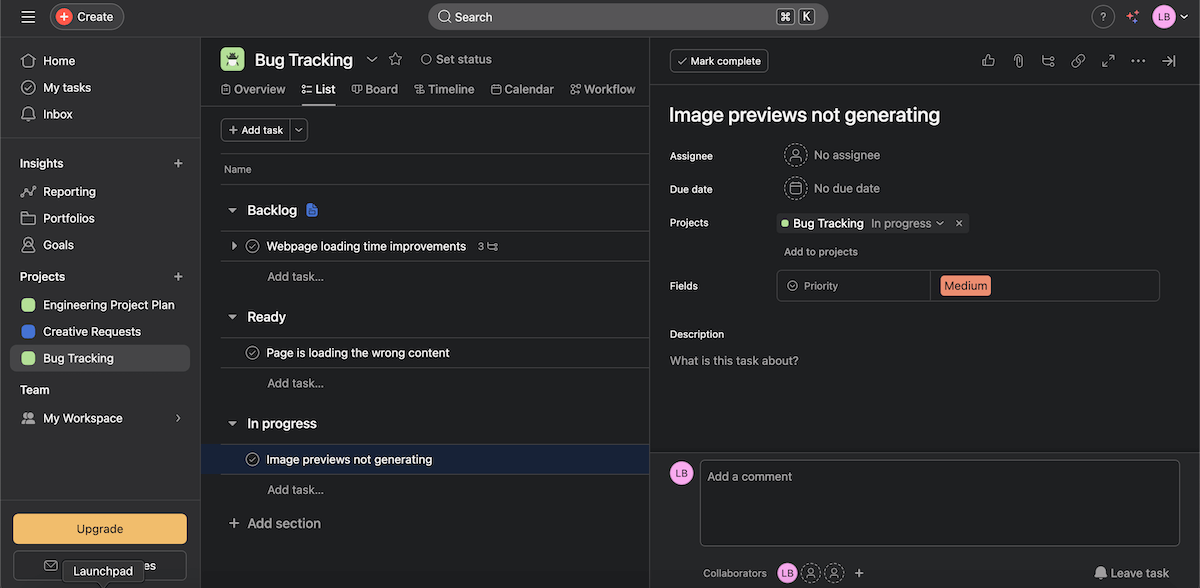 Asana's interface