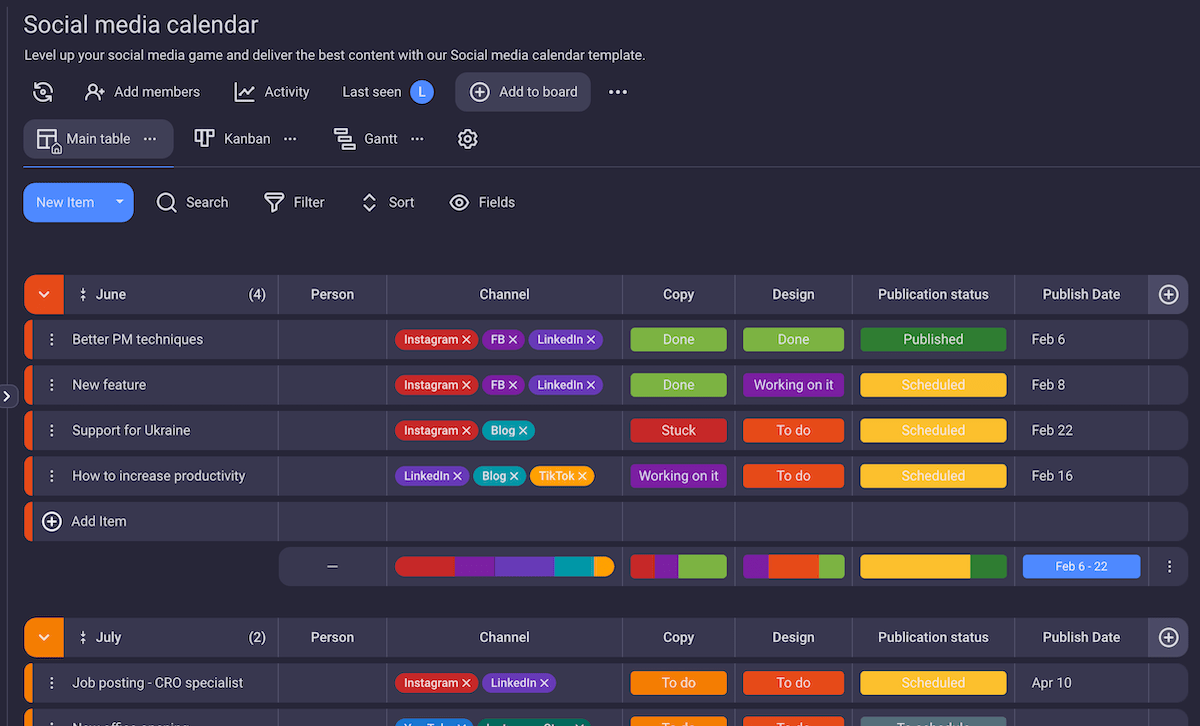 Social media calendar in Plaky
