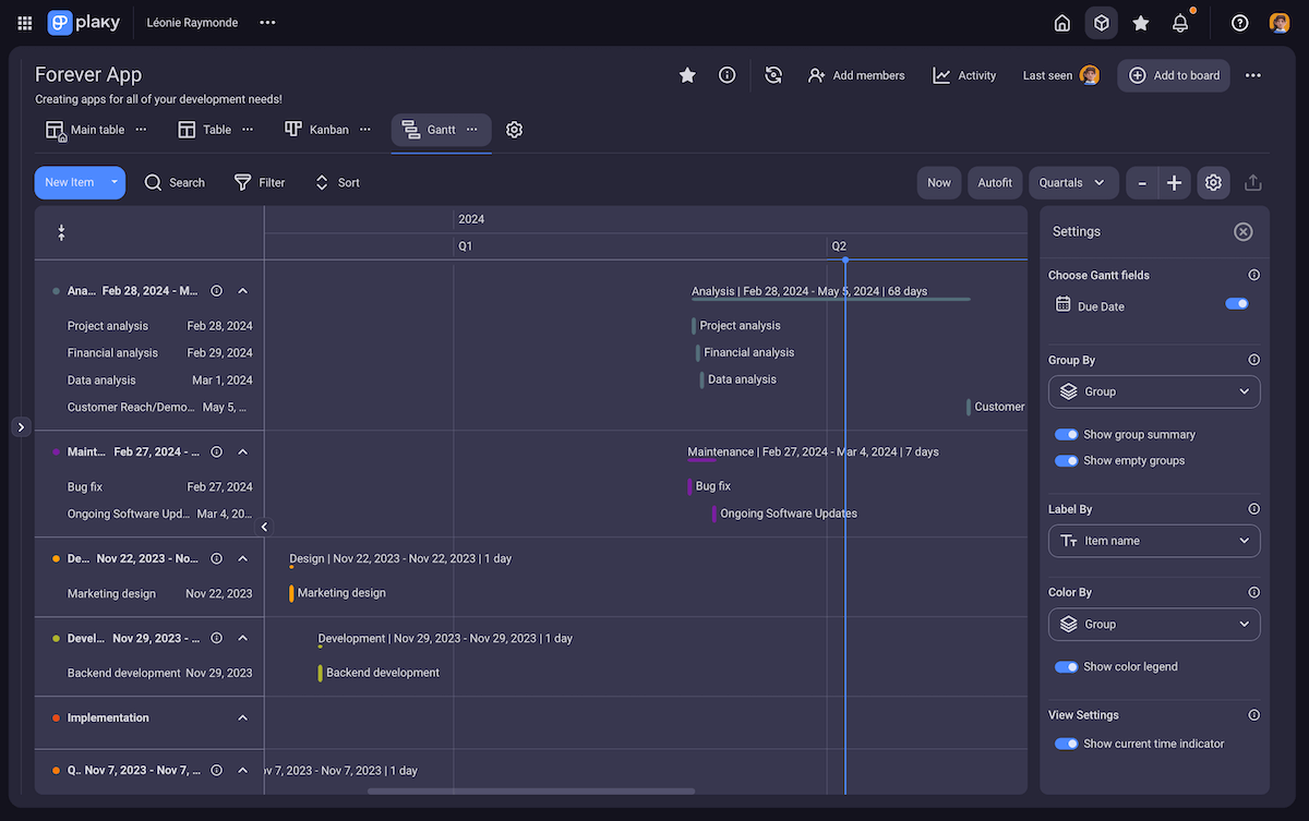 Gantt chart view shown in Plaky project management software