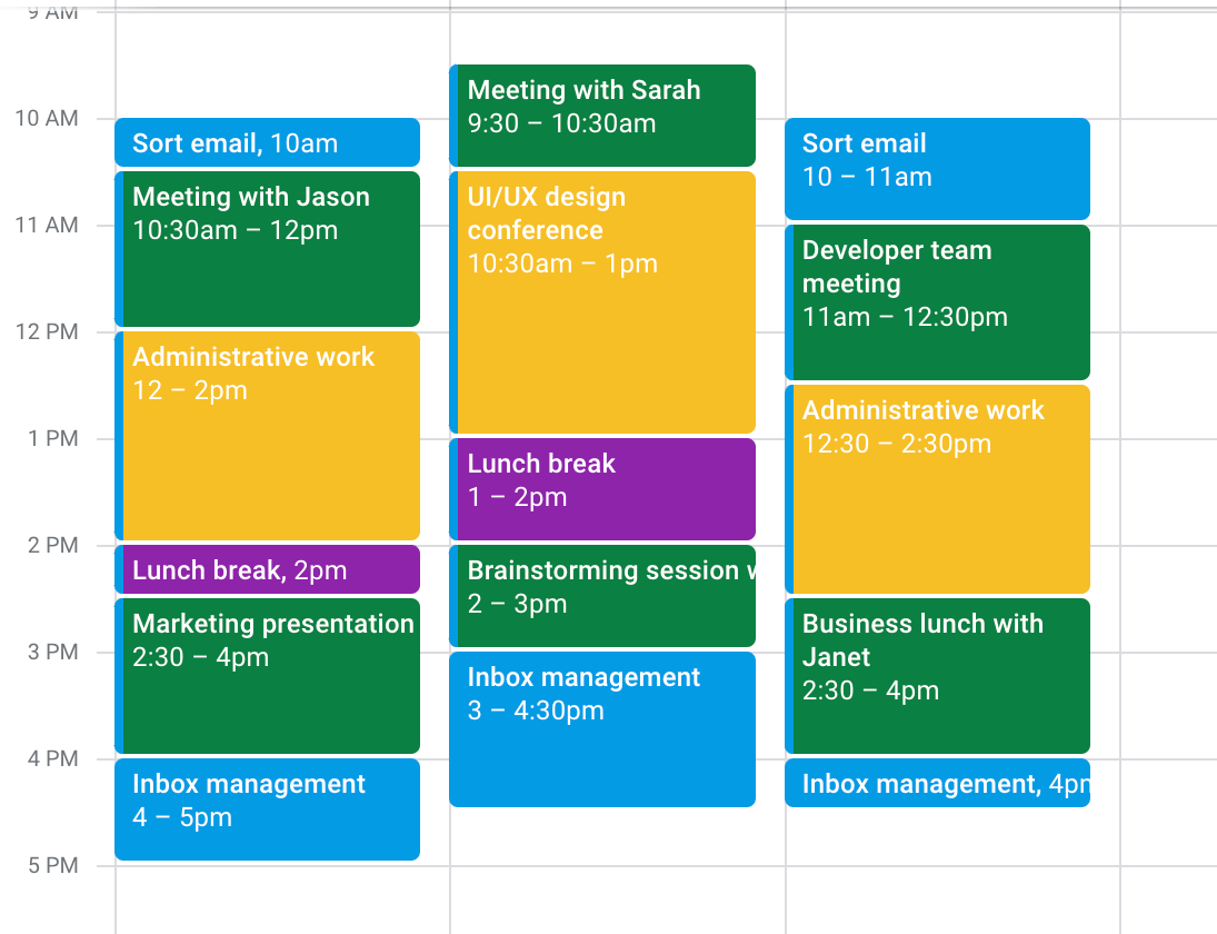 Example of time blocking shown in a calendar app