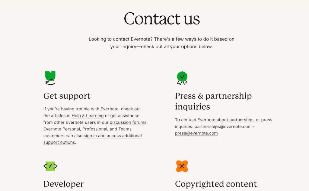 Evernote’s contact page (source: evernote.com)