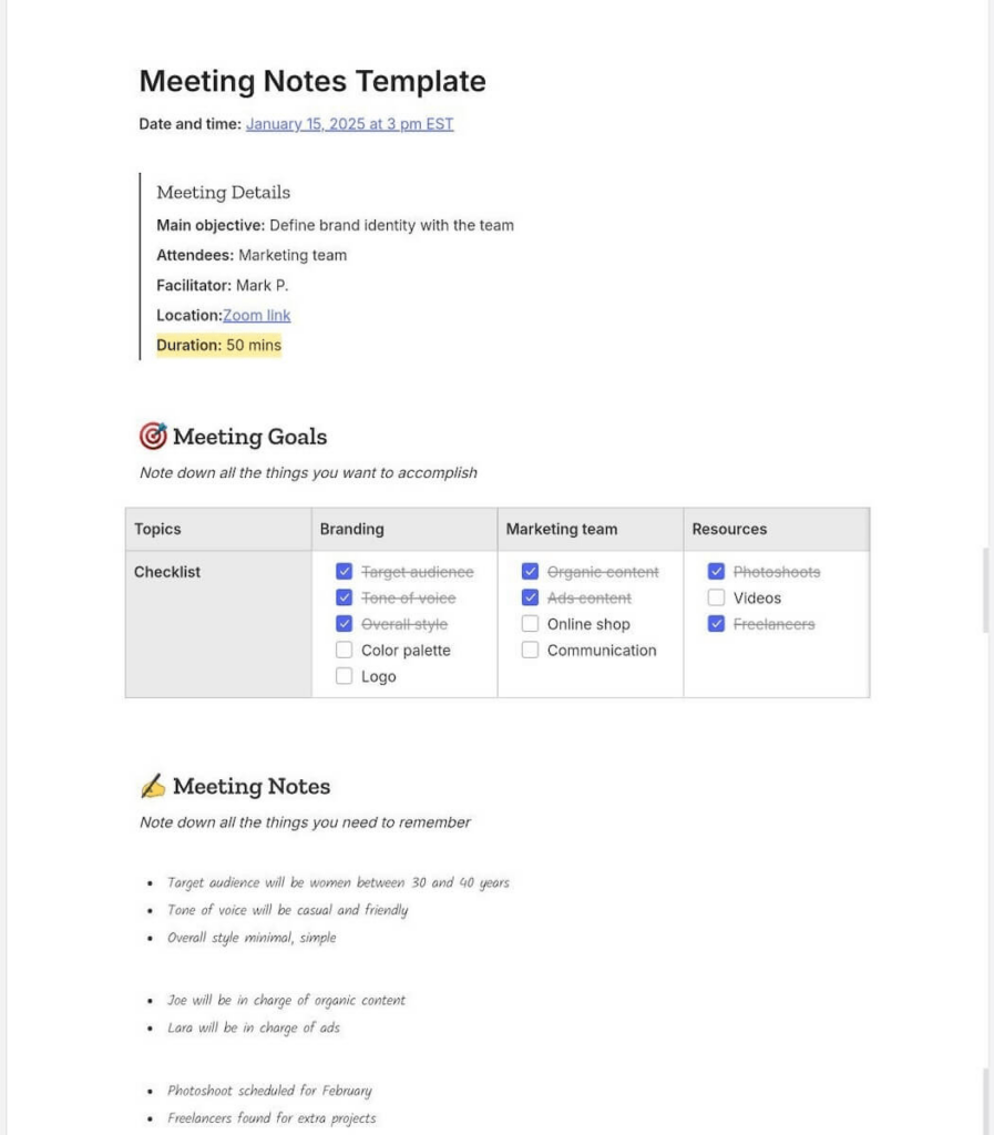 Evernote's meeting notes template