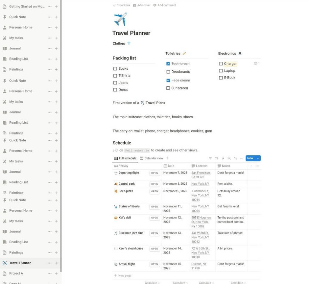 Example of a note in Notion task management software