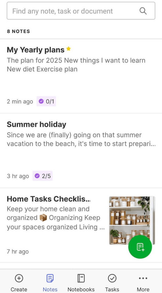 Notes in Evernote note-taking software