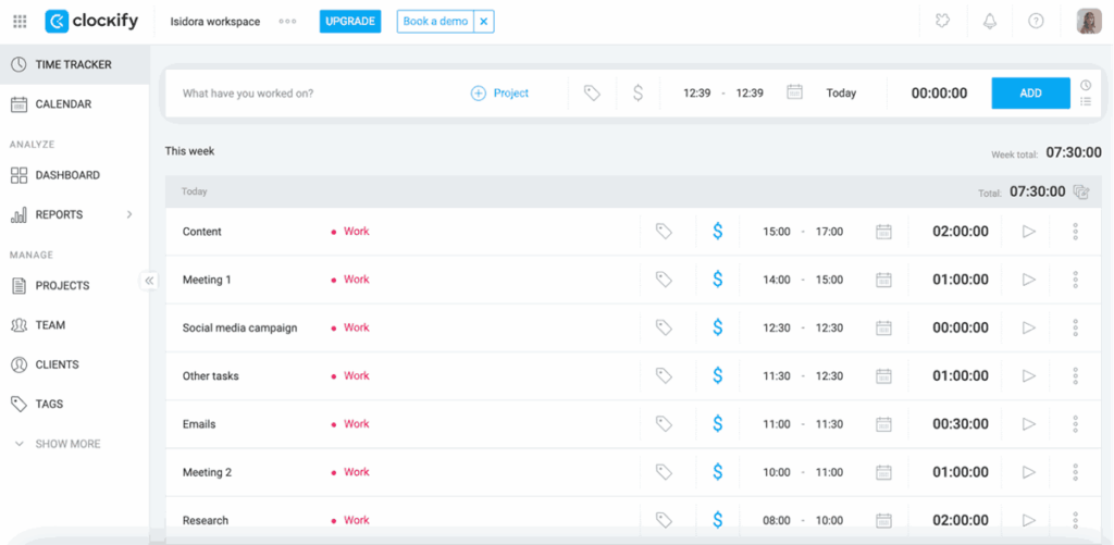 Tracking time in Clockify time-tracking software