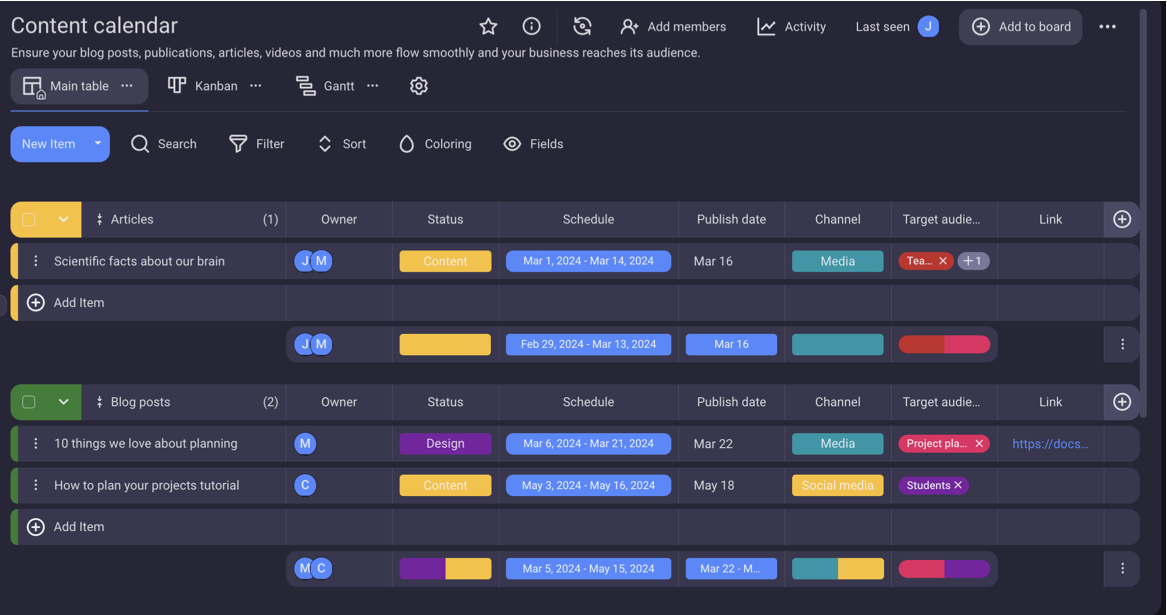Content calendar template in Plaky project management software