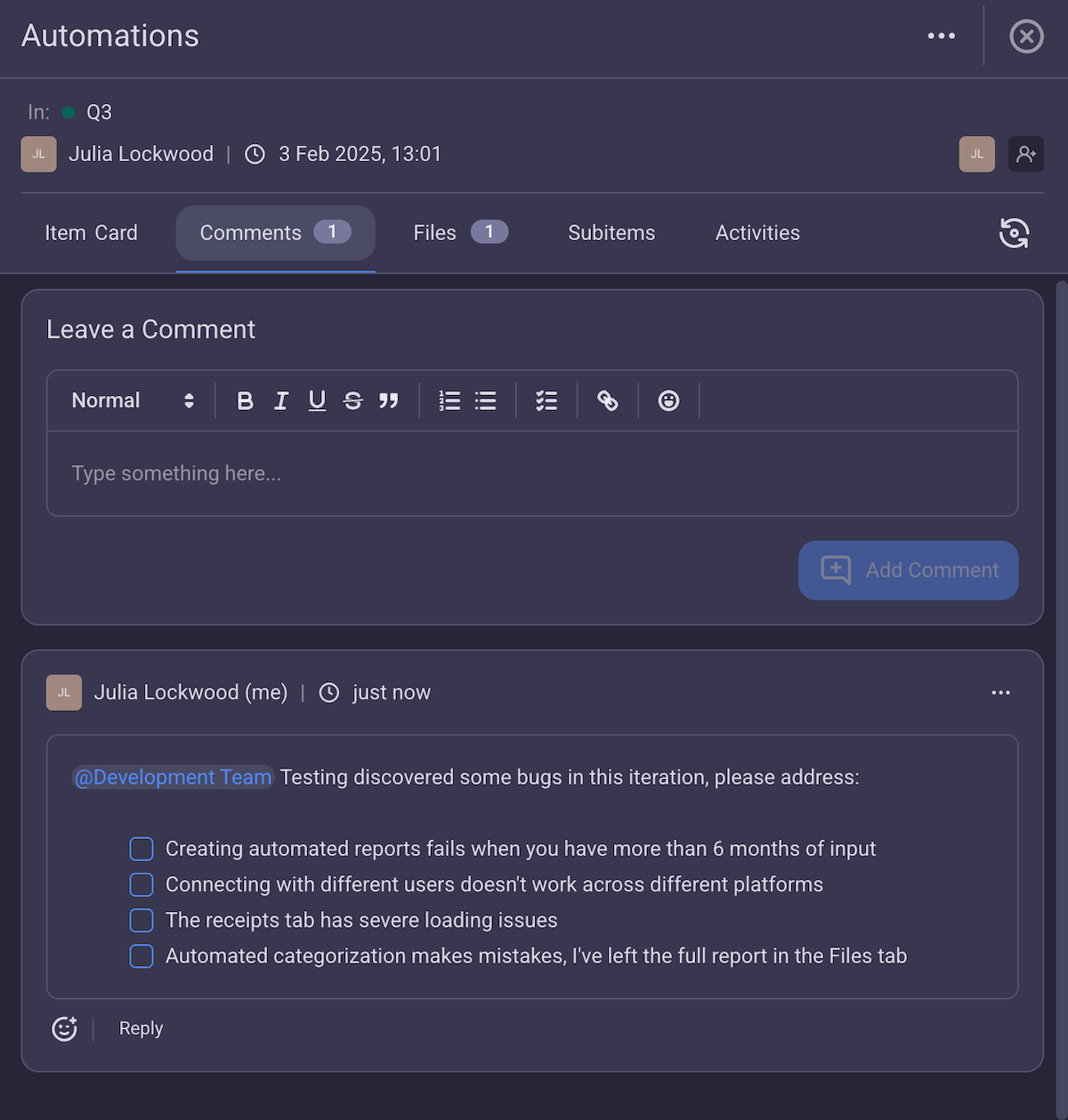 Adding comments in Plaky project management software