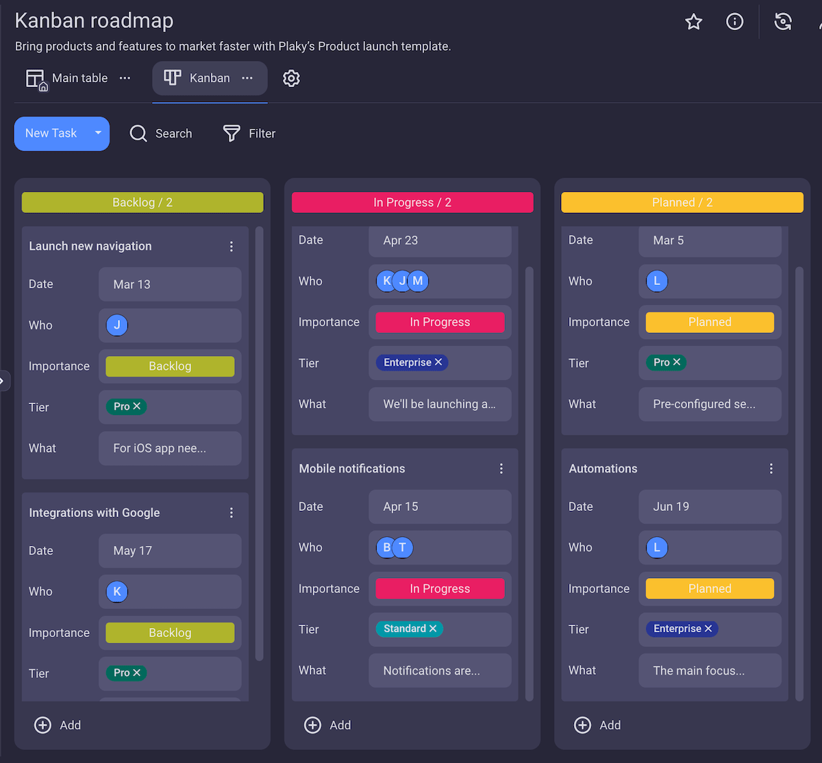 Kanban project board shown in Plaky project management software