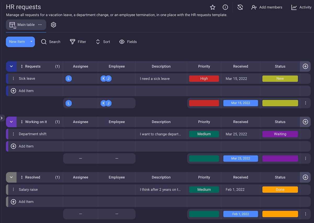 HR requests template shown in Plaky project management software