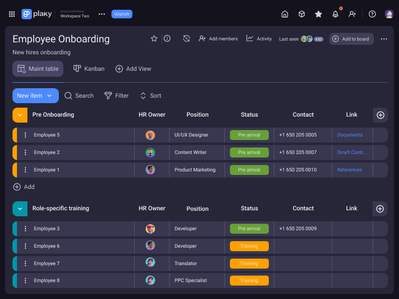 Employee onboarding template shown in Plaky project management software