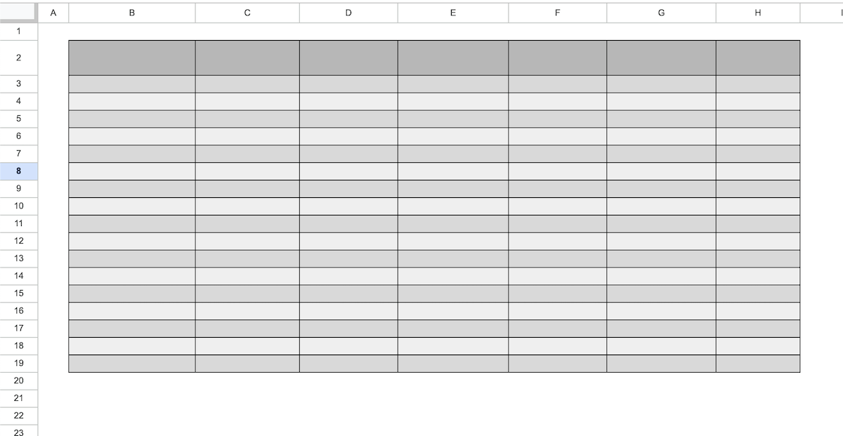 Table made in Google Sheets with alternating shaded rows