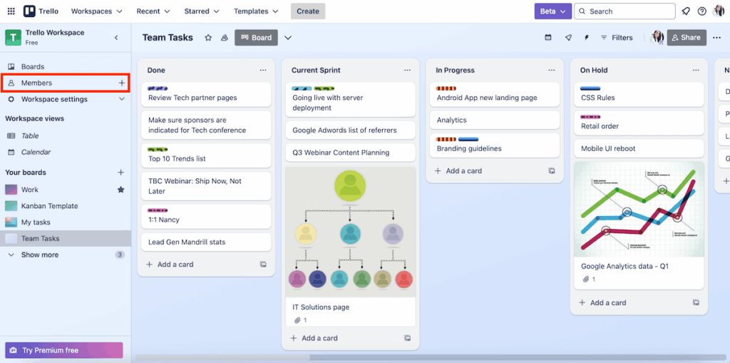 User interface in Trello project management software